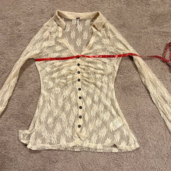 FREE PEOPLE Flower Fields Sheer Button-Front Shirt - Beige - Sz M - Picture 8 of 9